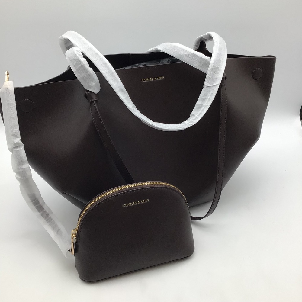 Charles & Keith Calla XL Tote Bag Espresso Brown with zippered Pouch NEW